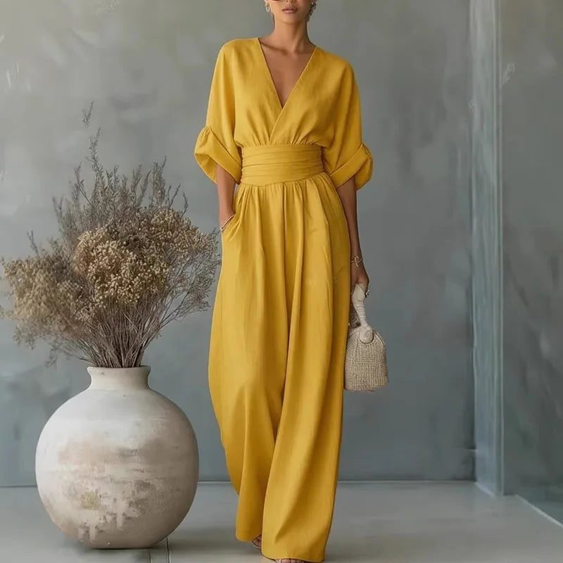 V-Neck Wide Leg Jumpsuit for Women - Yellow