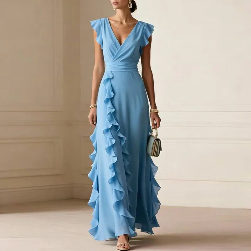 V-Neck Ruffle Trim Maxi Dress for Women - Sky Blue