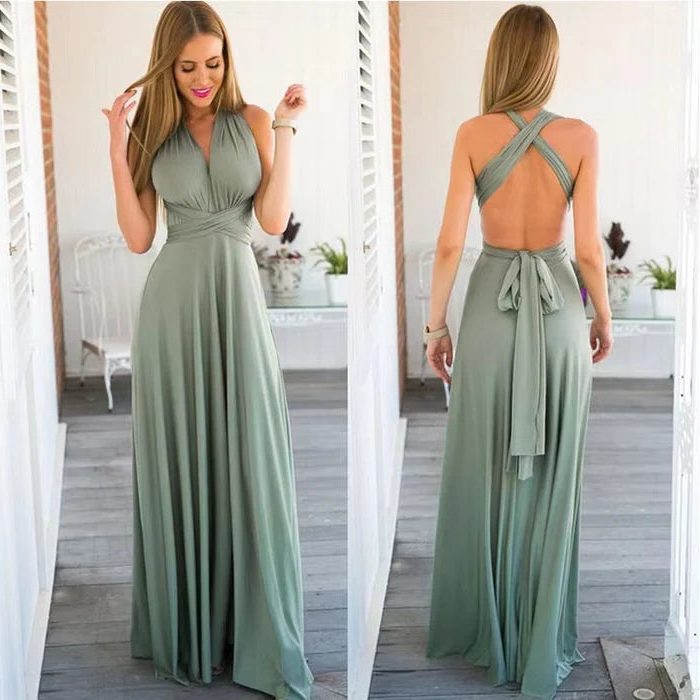 Halter Neck Wedding Guest Maxi Dress for Women - Grey-green
