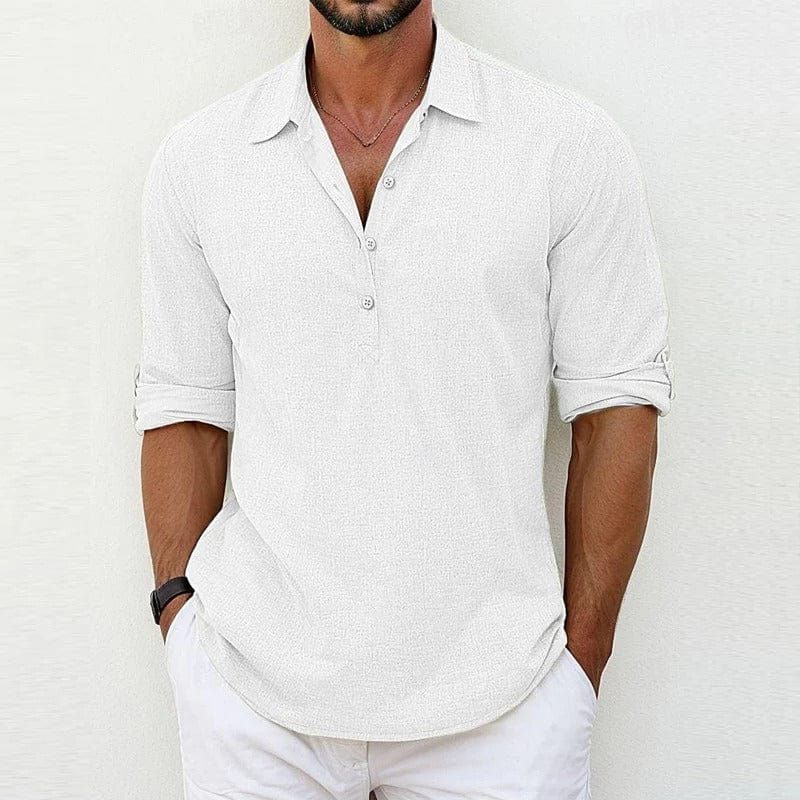 Linen Polo Shirt with Collar and Button Closure for Men - White
