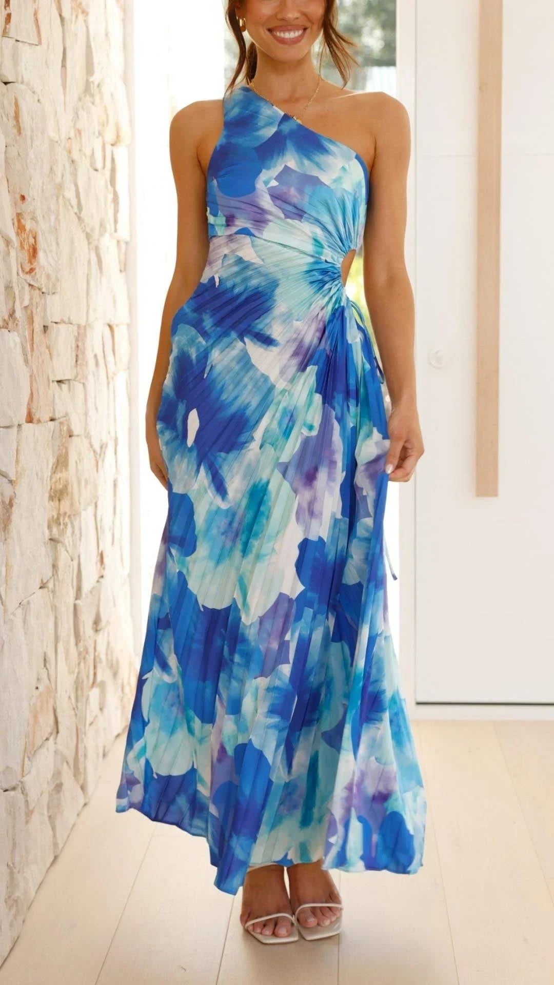 One-Shoulder Floral Wedding Guest Maxi Dress for Women
