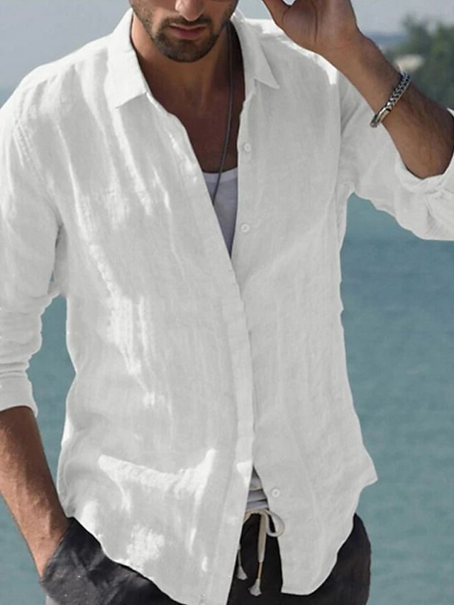 Linen Revere Collar Shirt for Men - White