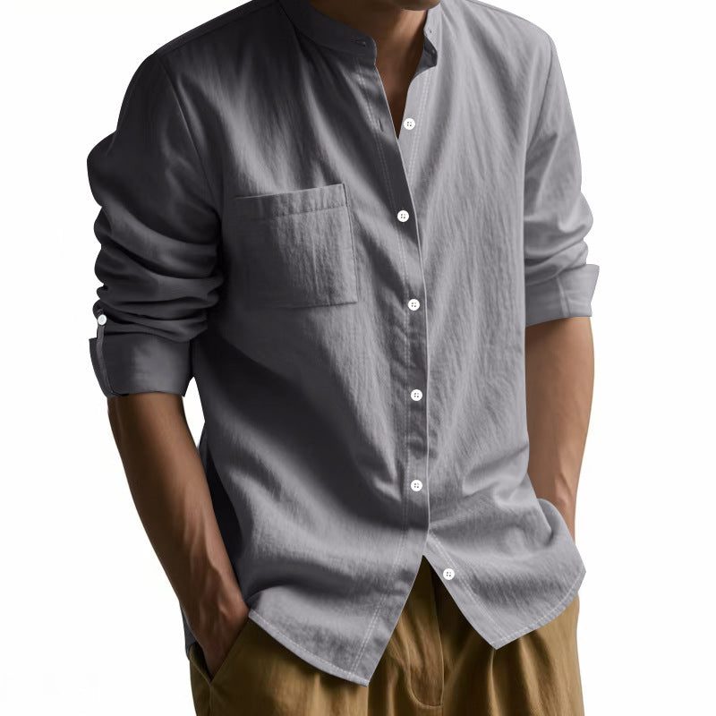 Linen Long Sleeve Shirt with Breast Pocket for Men - View 3