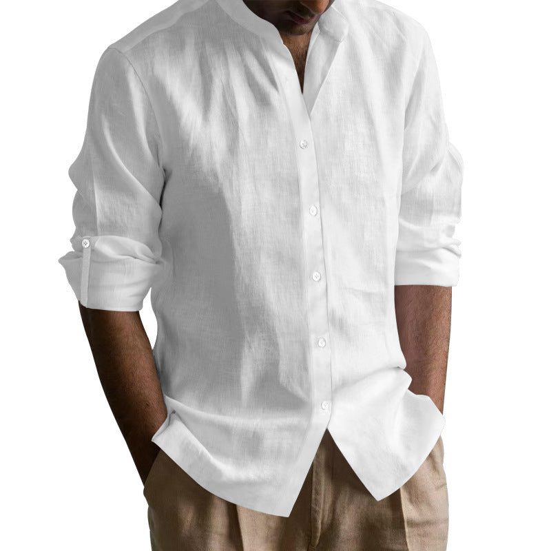 Linen V-Neck Button-Down Shirt for Men - White