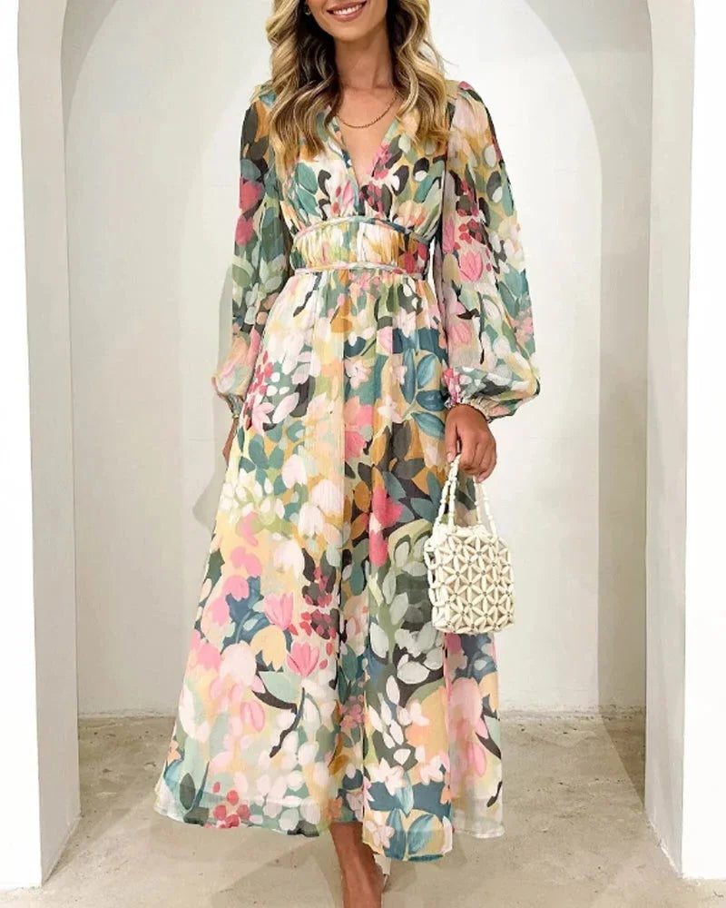 Floral V-Neck Long Sleeve Wedding Guest Maxi Dress for Women - View 4