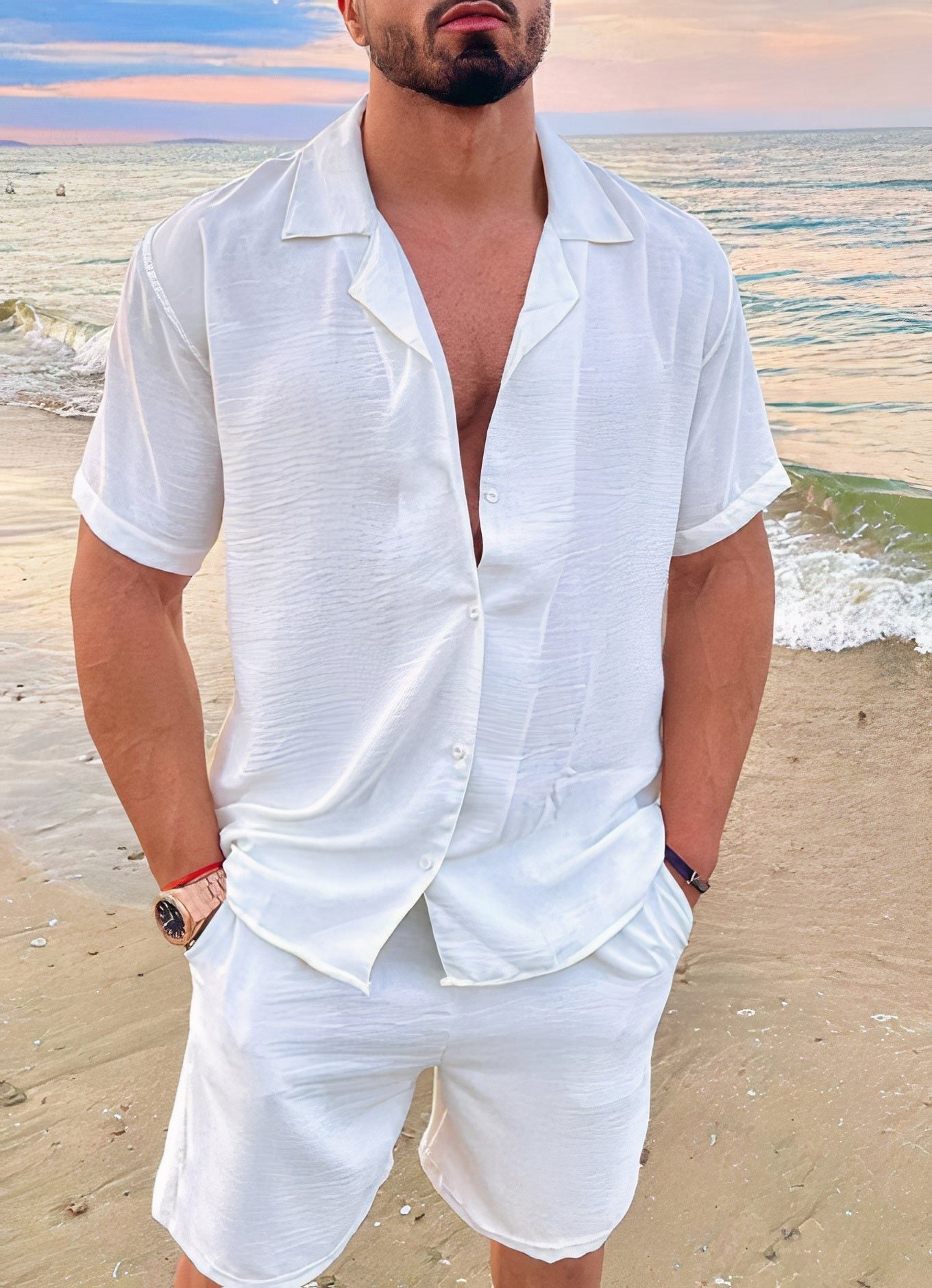 Linen Short Sleeve Shirt and Shorts Set for Men