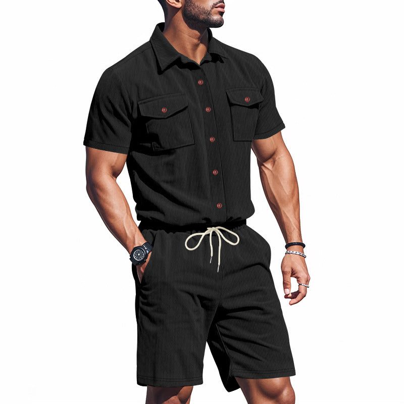 Short Sleeve Shirt and Shorts Set for Men - Black