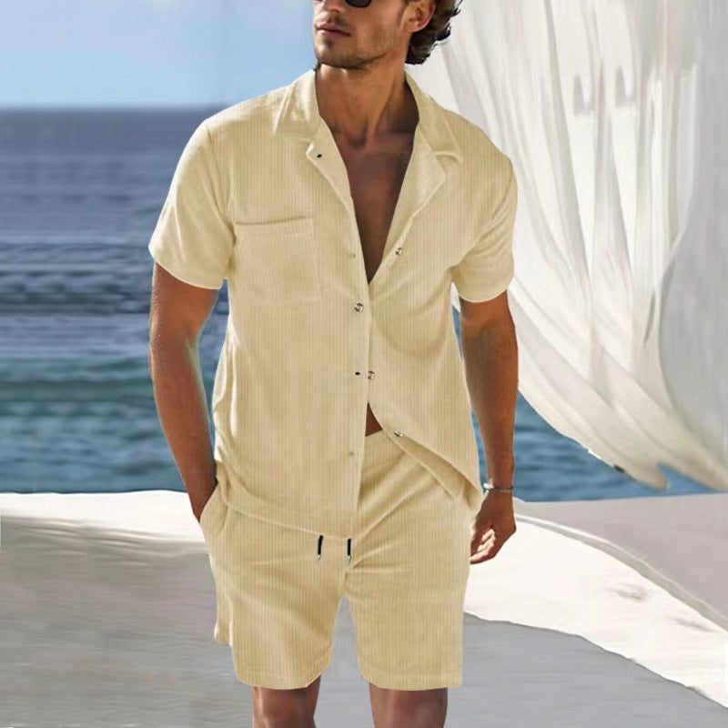 Linen Short Sleeve Cuban Collar Shirt and Bermuda Shorts Set for Men - View 4