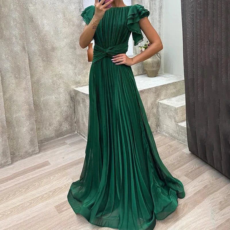 Pleated Belted Wedding Guest Maxi Dress for Women - Green