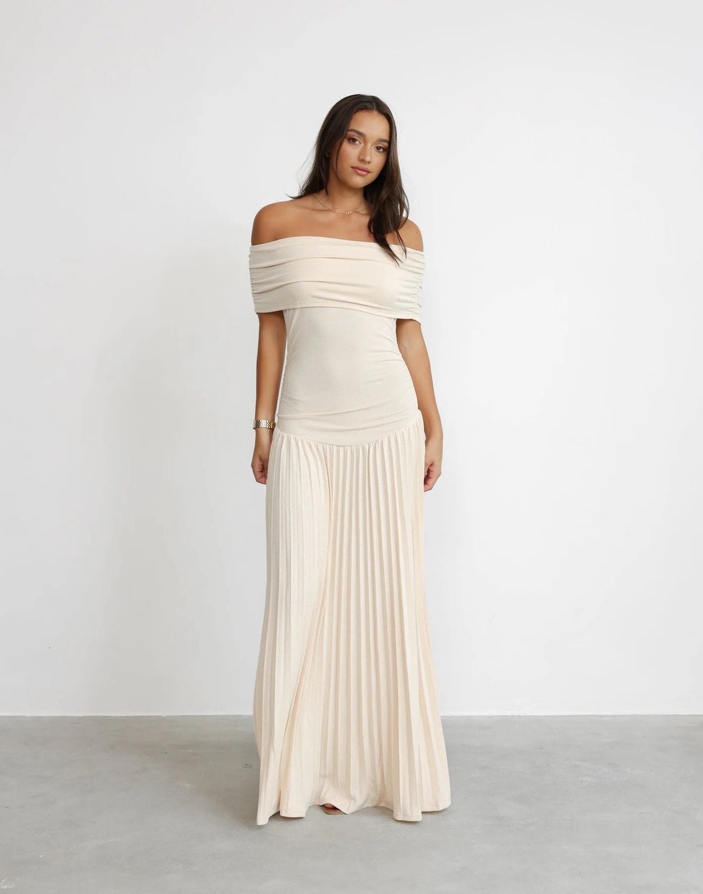Off-Shoulder Pleated Wedding Guest Maxi Dress for Women