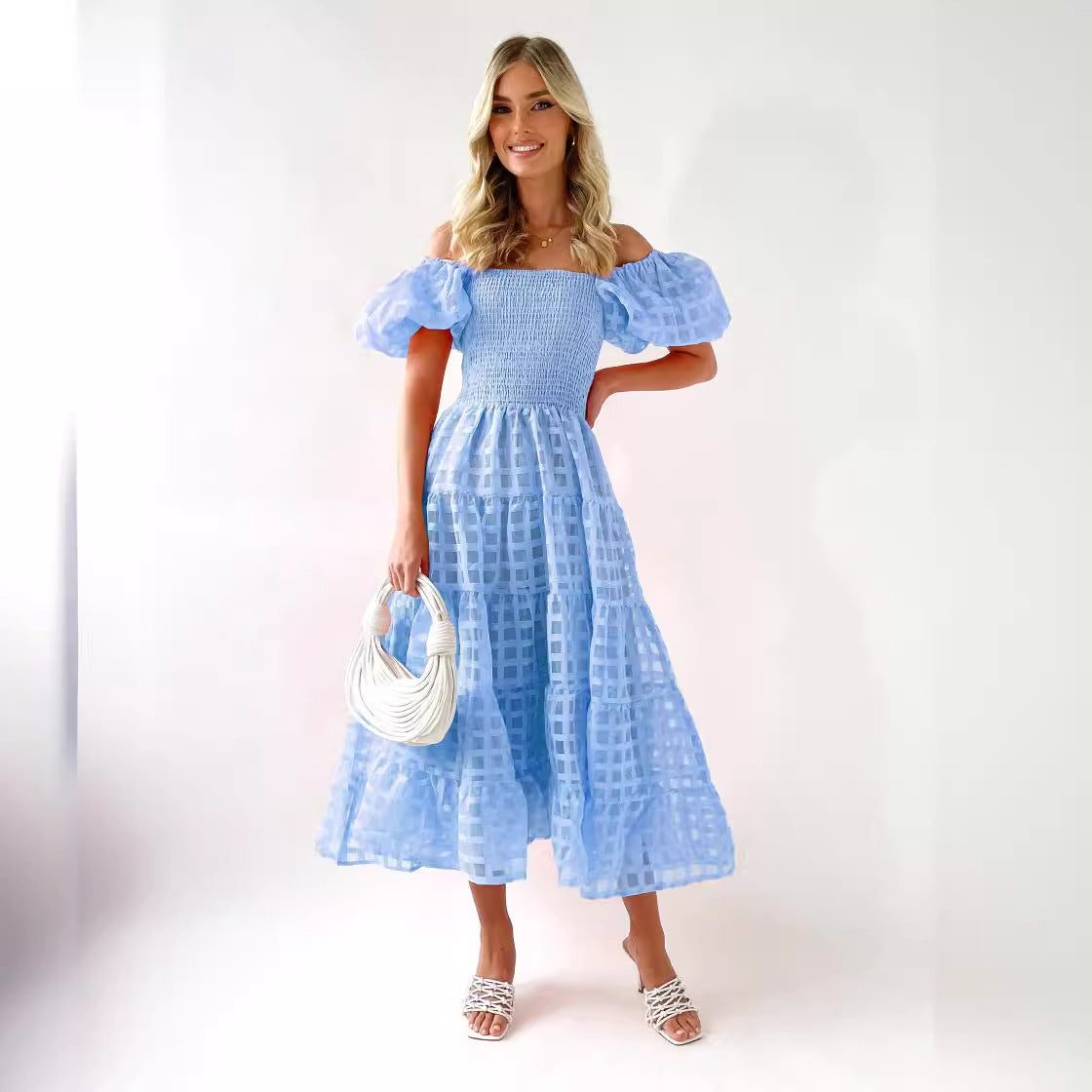 Puff Sleeve A-Line Wedding Guest Maxi Dress for Women - View 4