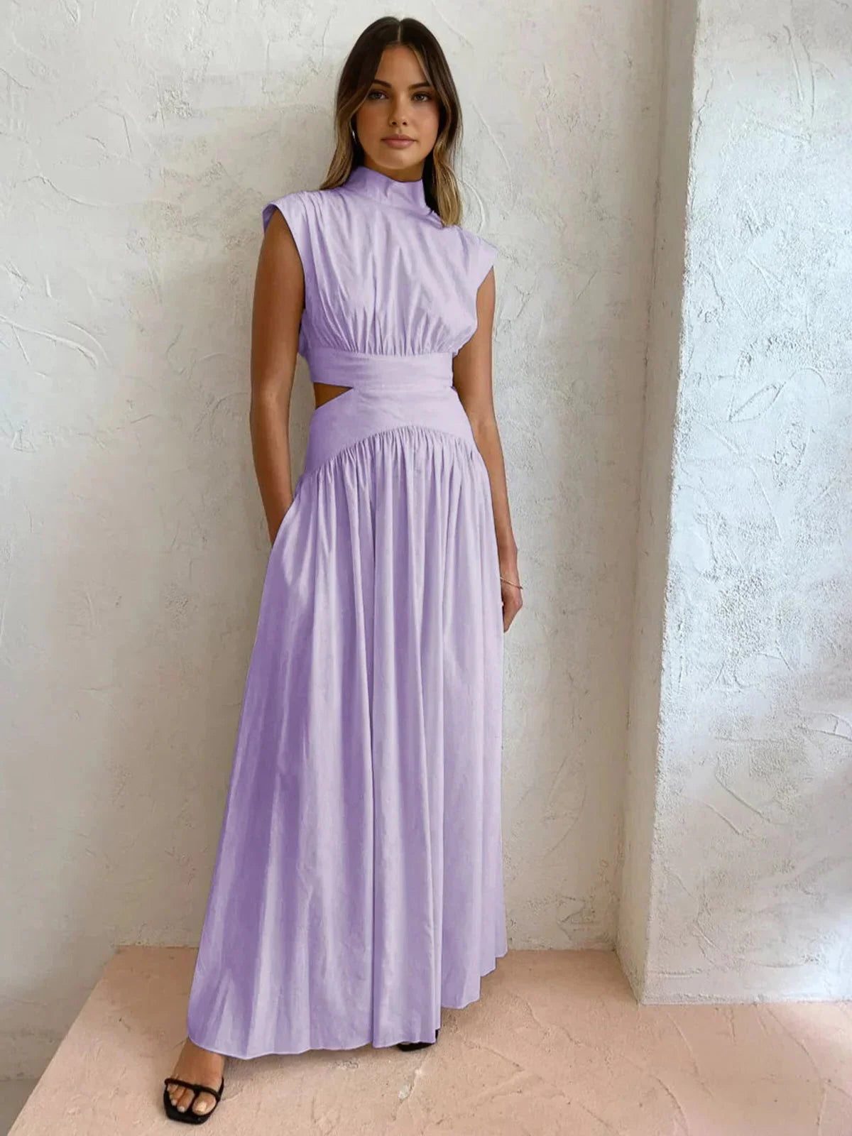 Stand Collar Cutout Wedding Guest Maxi Dress for Women - Purple
