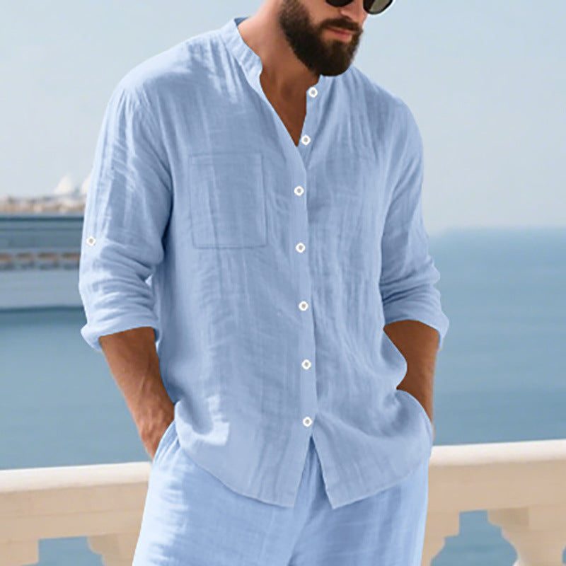 Linen Button-Down Shirt with Chest Pockets for Men - Blue