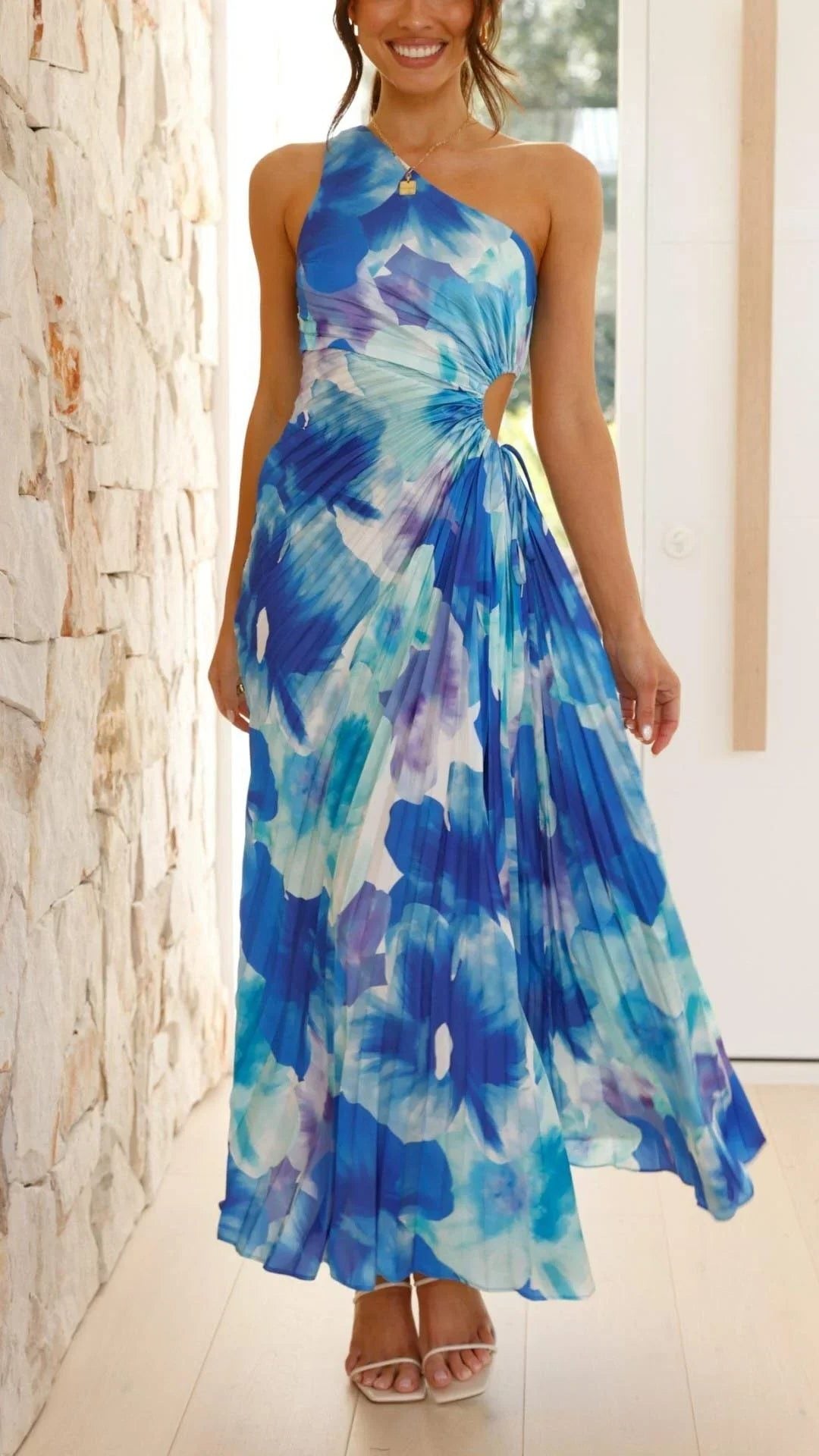 One-Shoulder Floral Wedding Guest Maxi Dress for Women - Blue
