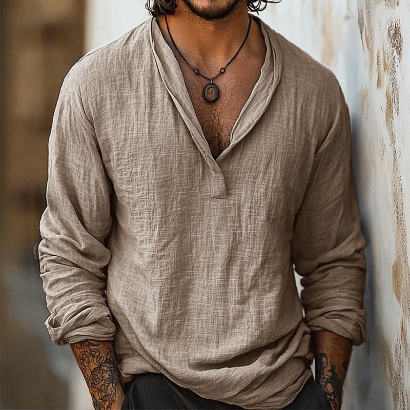 Cotton-Linen Henley Long Sleeve Shirt for Men - Khaki