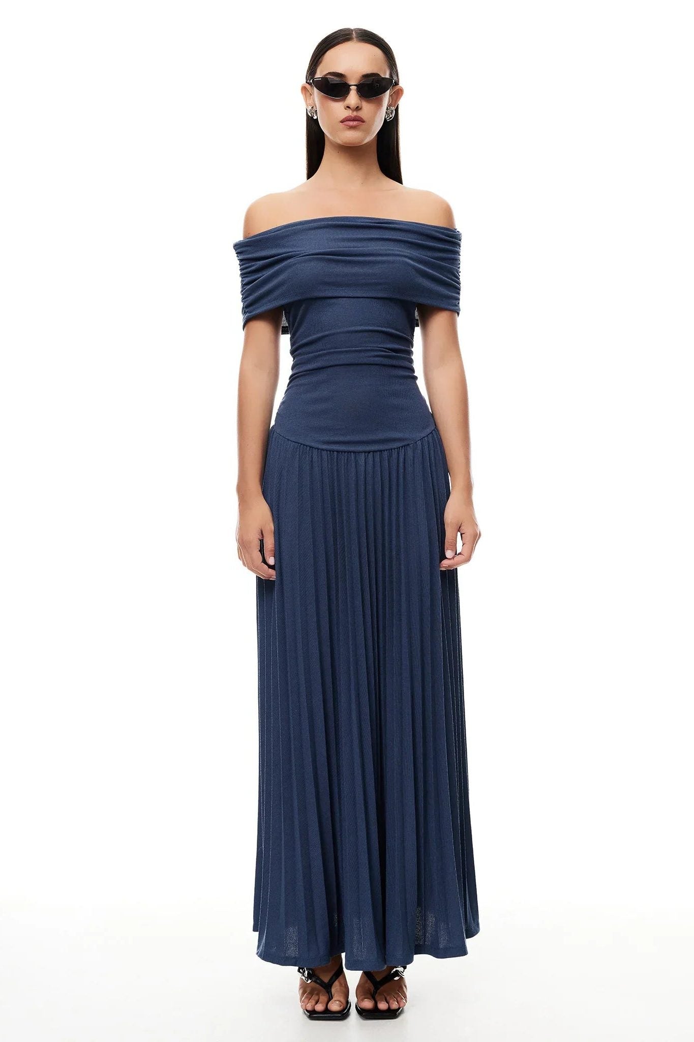Off-Shoulder Pleated Wedding Guest Maxi Dress for Women - Navy