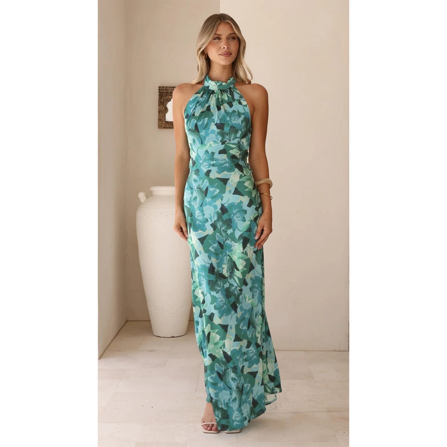Halterneck Floral Maxi Dress Wedding Guest for Women - Green