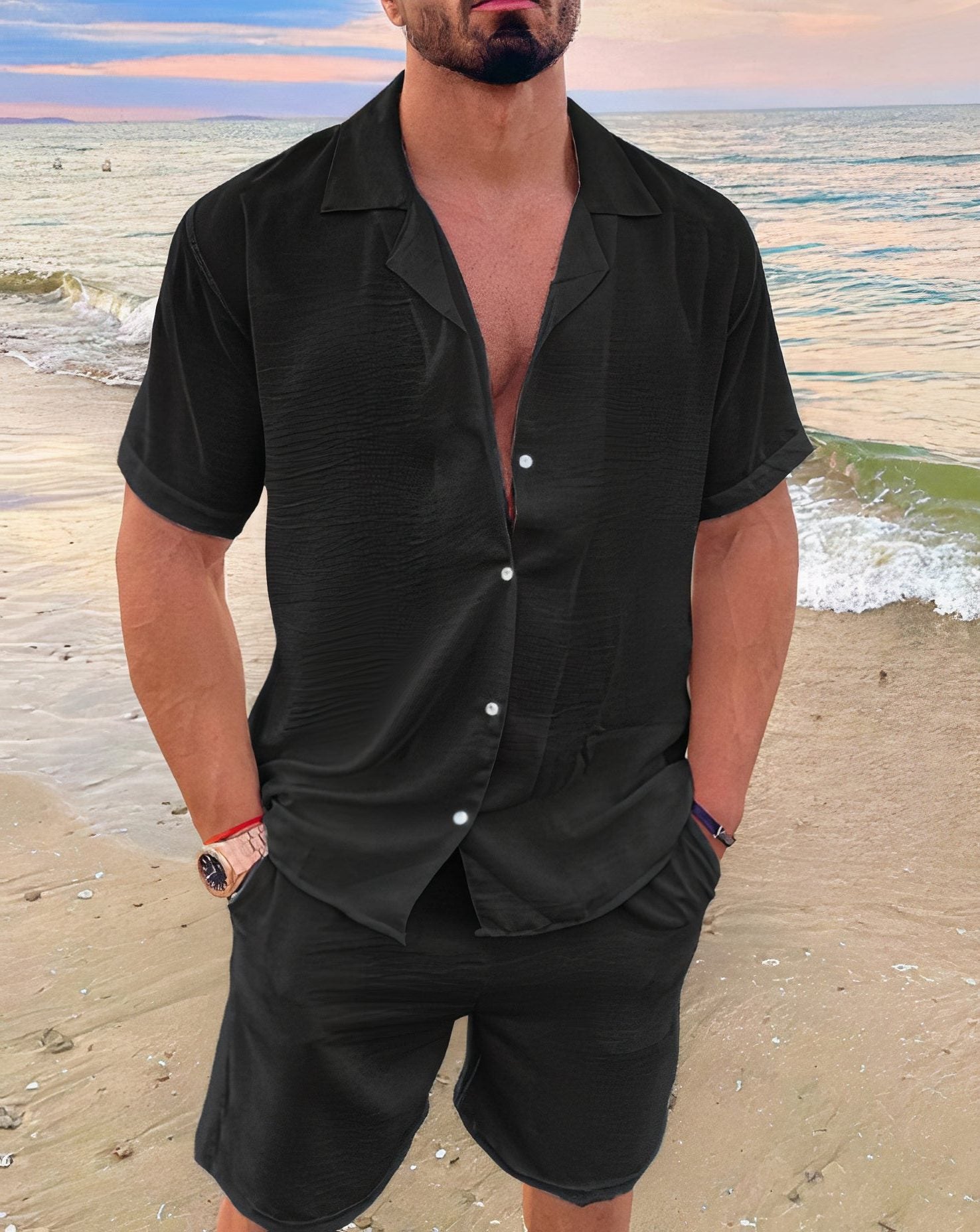 Linen Short Sleeve Shirt and Shorts Set for Men - Black