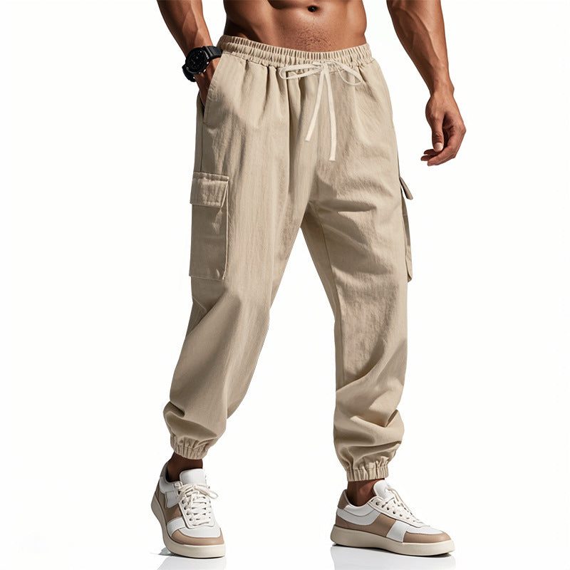 Linen Cargo Joggers with Tapered Ankle for Men - Apricot