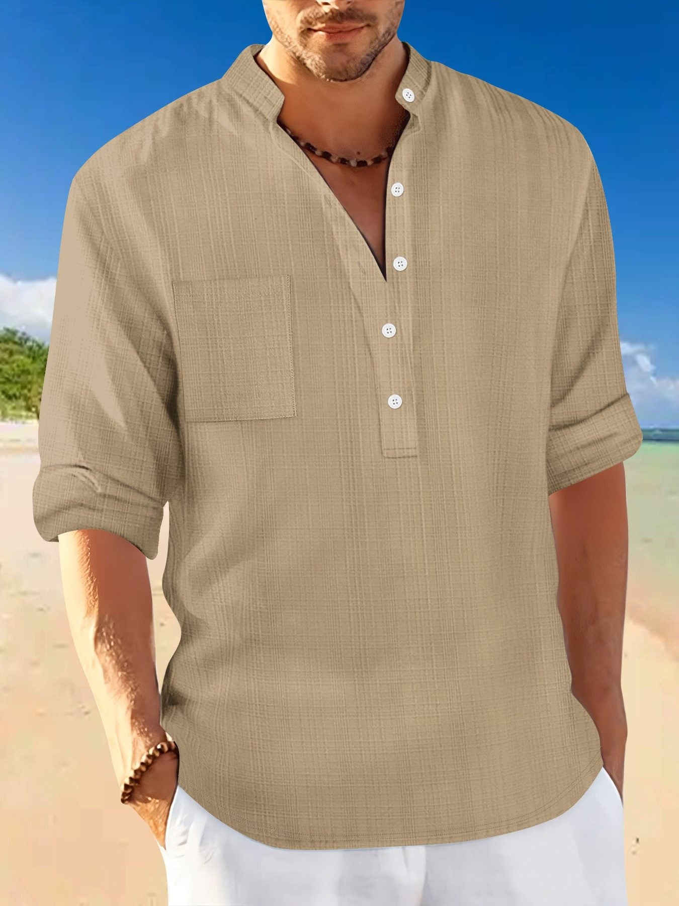 Linen Stand Collar Short Sleeve Shirt for Men - Khaki