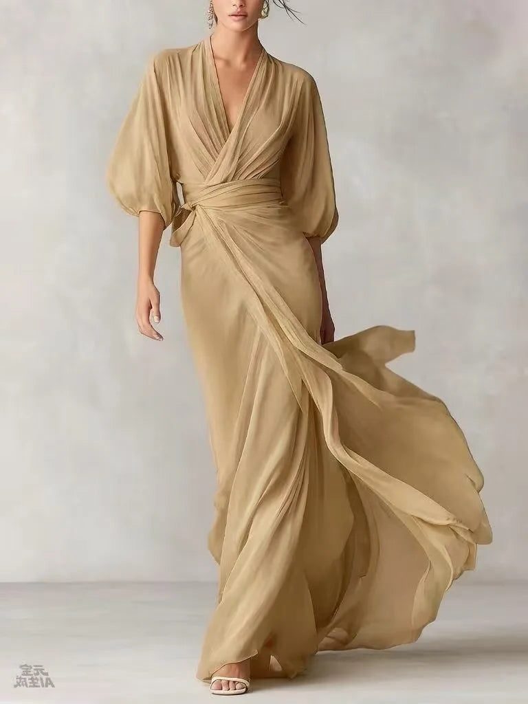 V-Neck Chiffon Maxi Wrap Dress for Women - Khaki