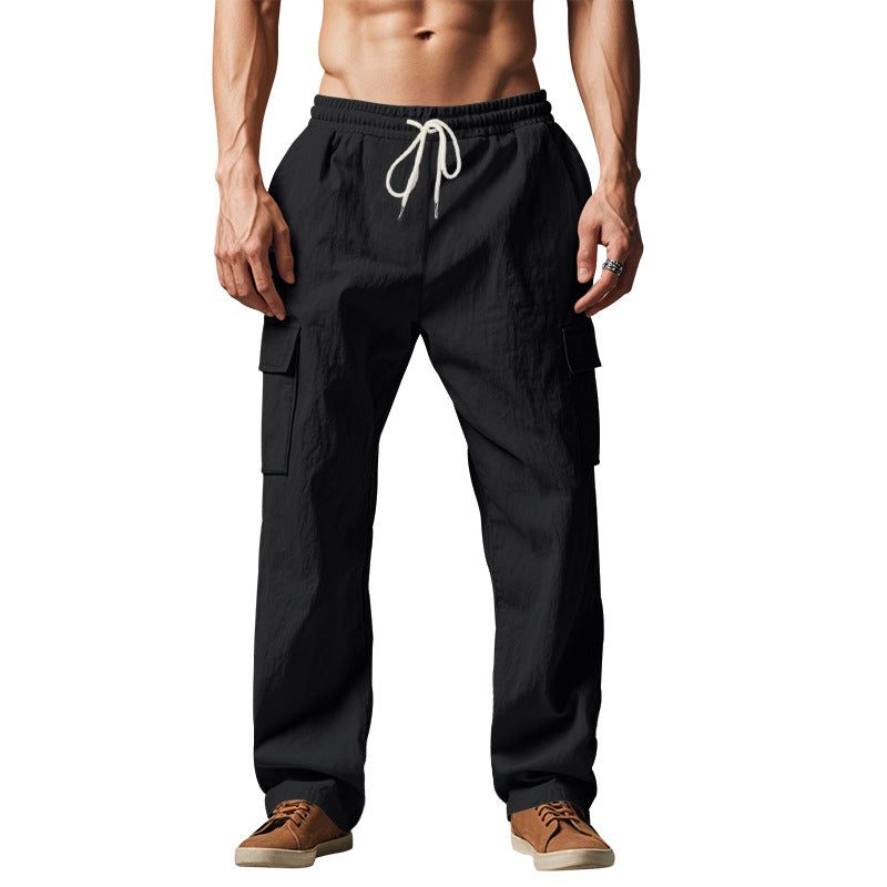 Linen Cargo Trousers with Side Pockets for Men - Black