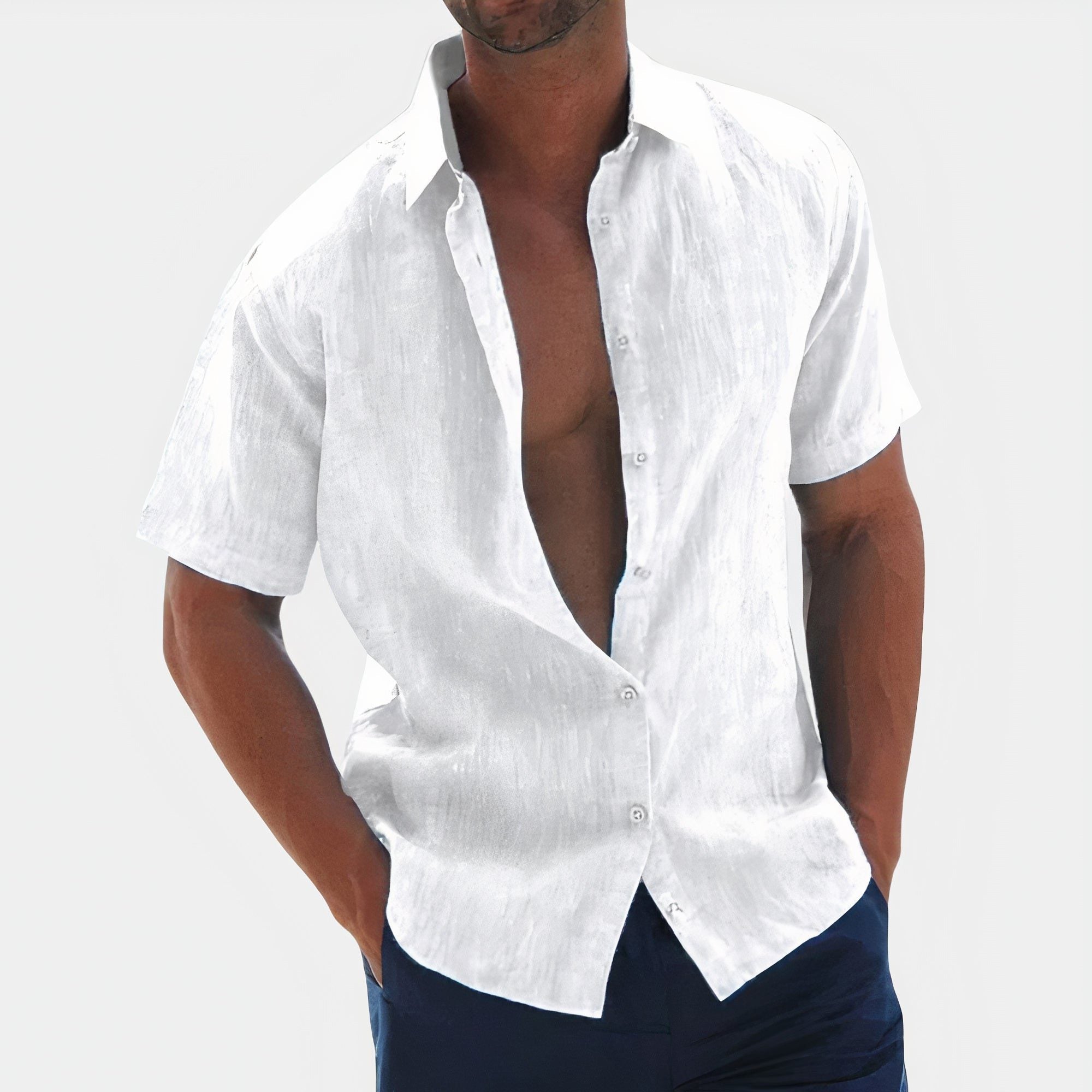 Short-Sleeve Linen Button-Down Shirt for Men - White