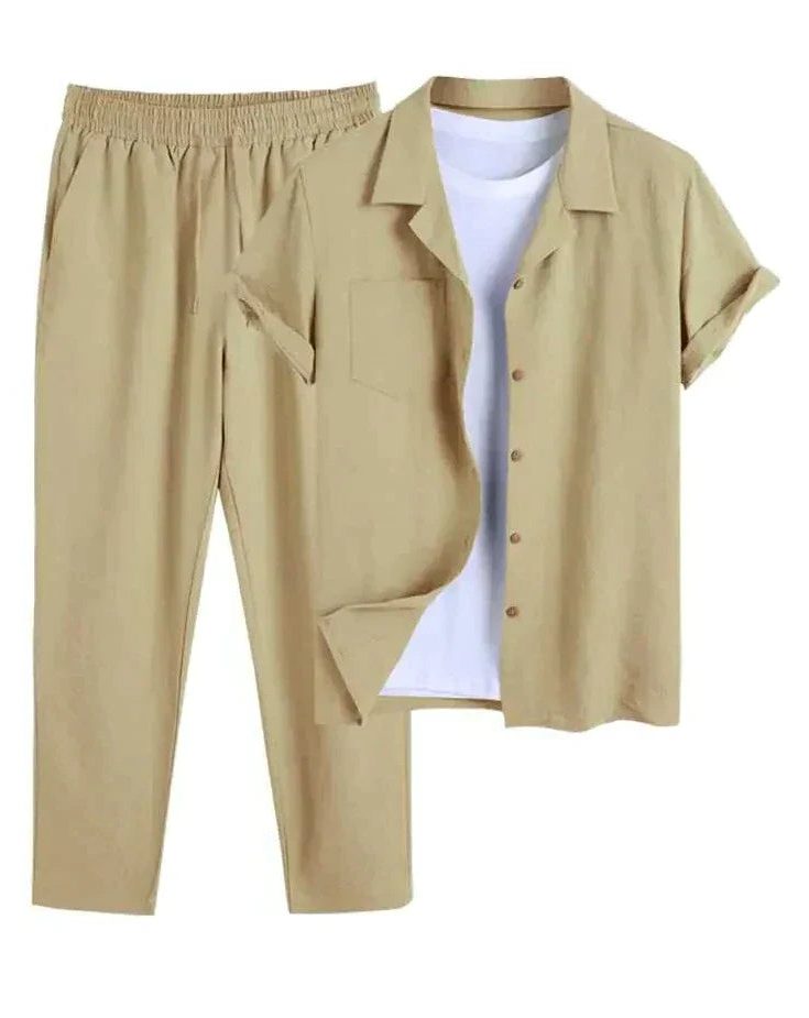 Linen Short Sleeve Shirt and Straight Leg Trousers Set for Men