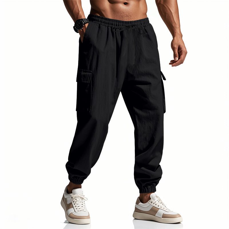 Linen Cargo Joggers with Tapered Ankle for Men - Black