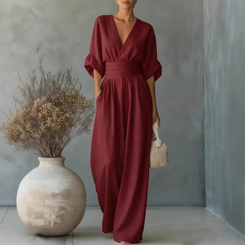 V-Neck Wide Leg Jumpsuit for Women - Wine Red
