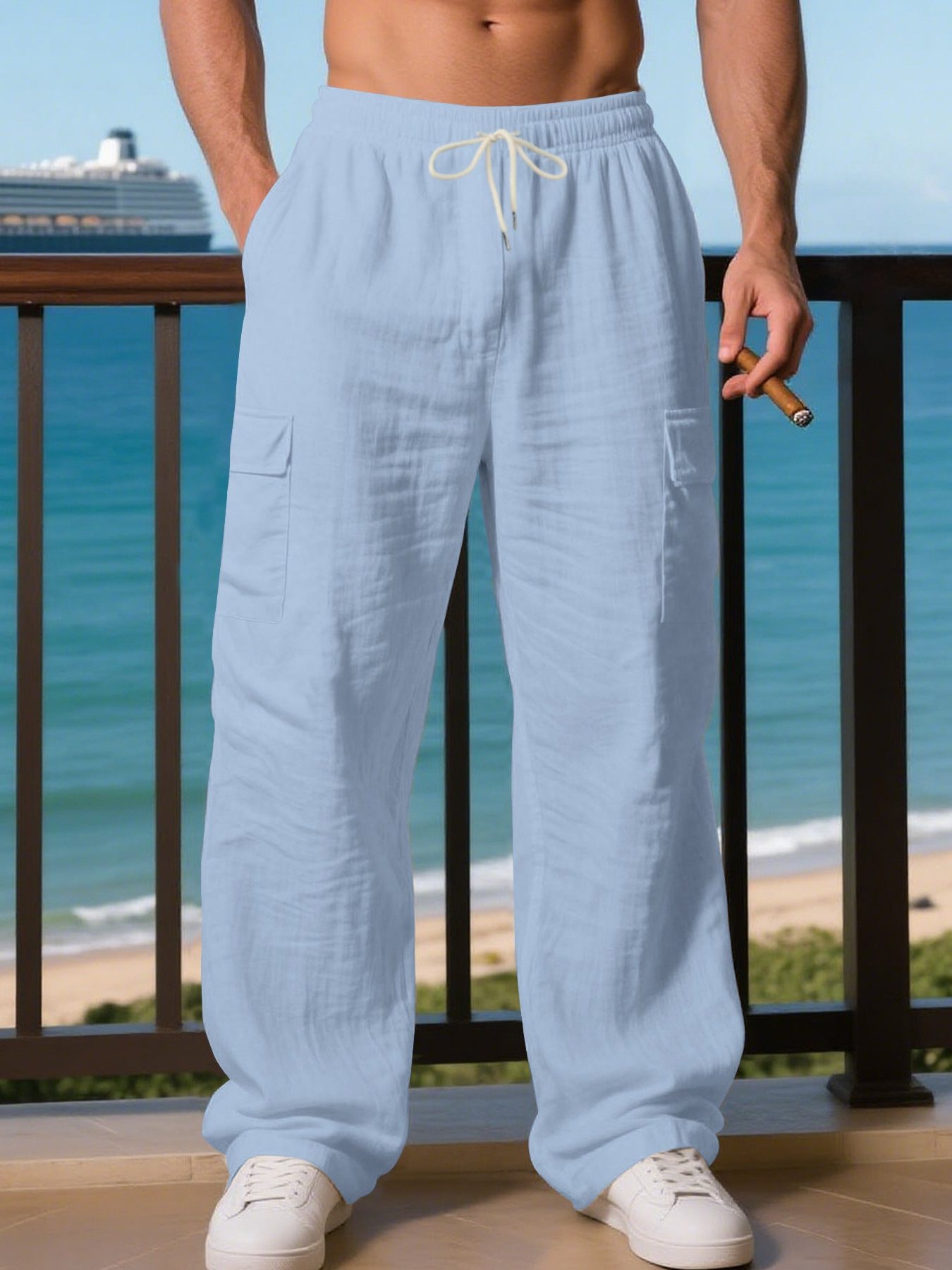 Linen Cargo Trousers with Drawstring Waist for Men - Light Blue