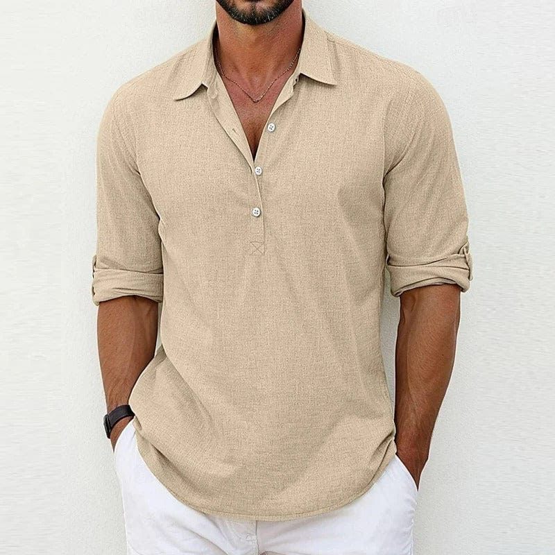 Linen Polo Shirt with Collar and Button Closure for Men - Khaki