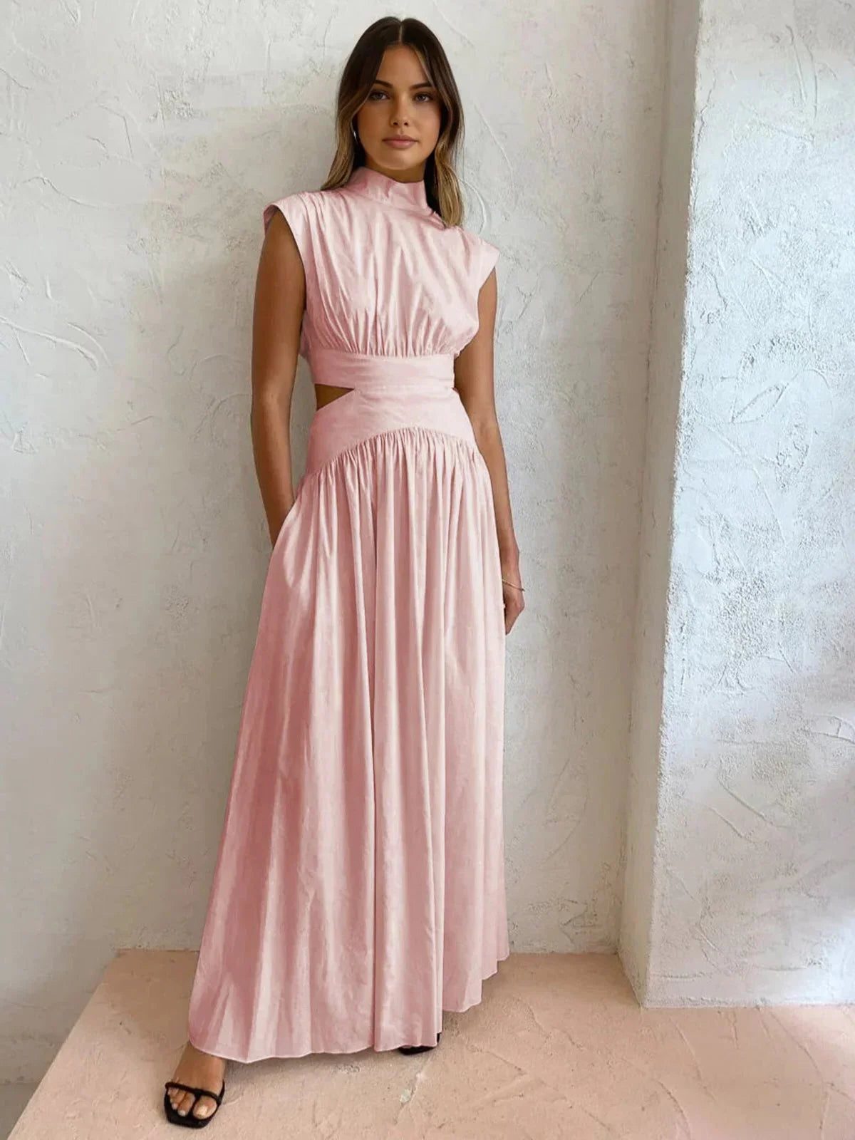 Stand Collar Cutout Wedding Guest Maxi Dress for Women - Pink