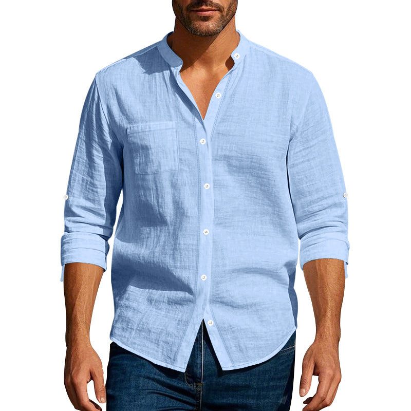 Linen Long Sleeve Shirt with Breast Pocket for Men - Light Blue