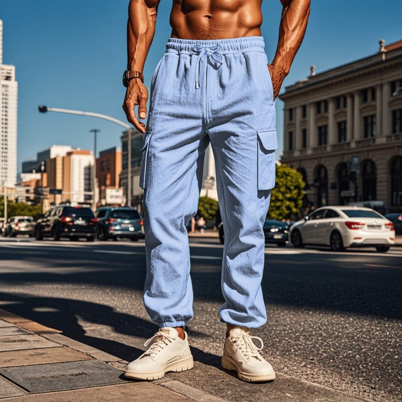Linen Cargo Jogger Trousers for Men - Light Blue