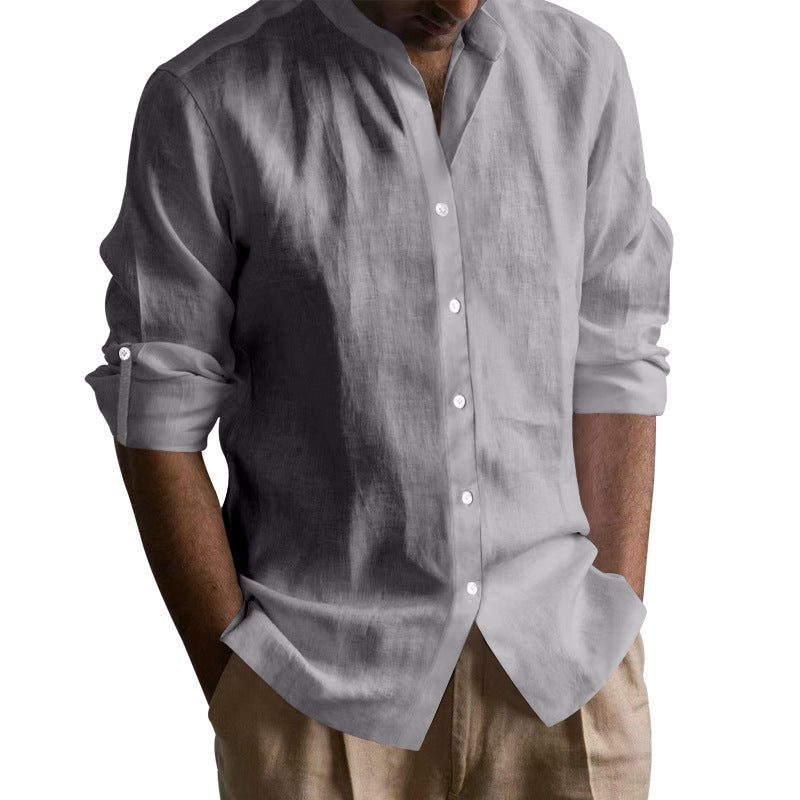 Linen V-Neck Button-Down Shirt for Men - Grey