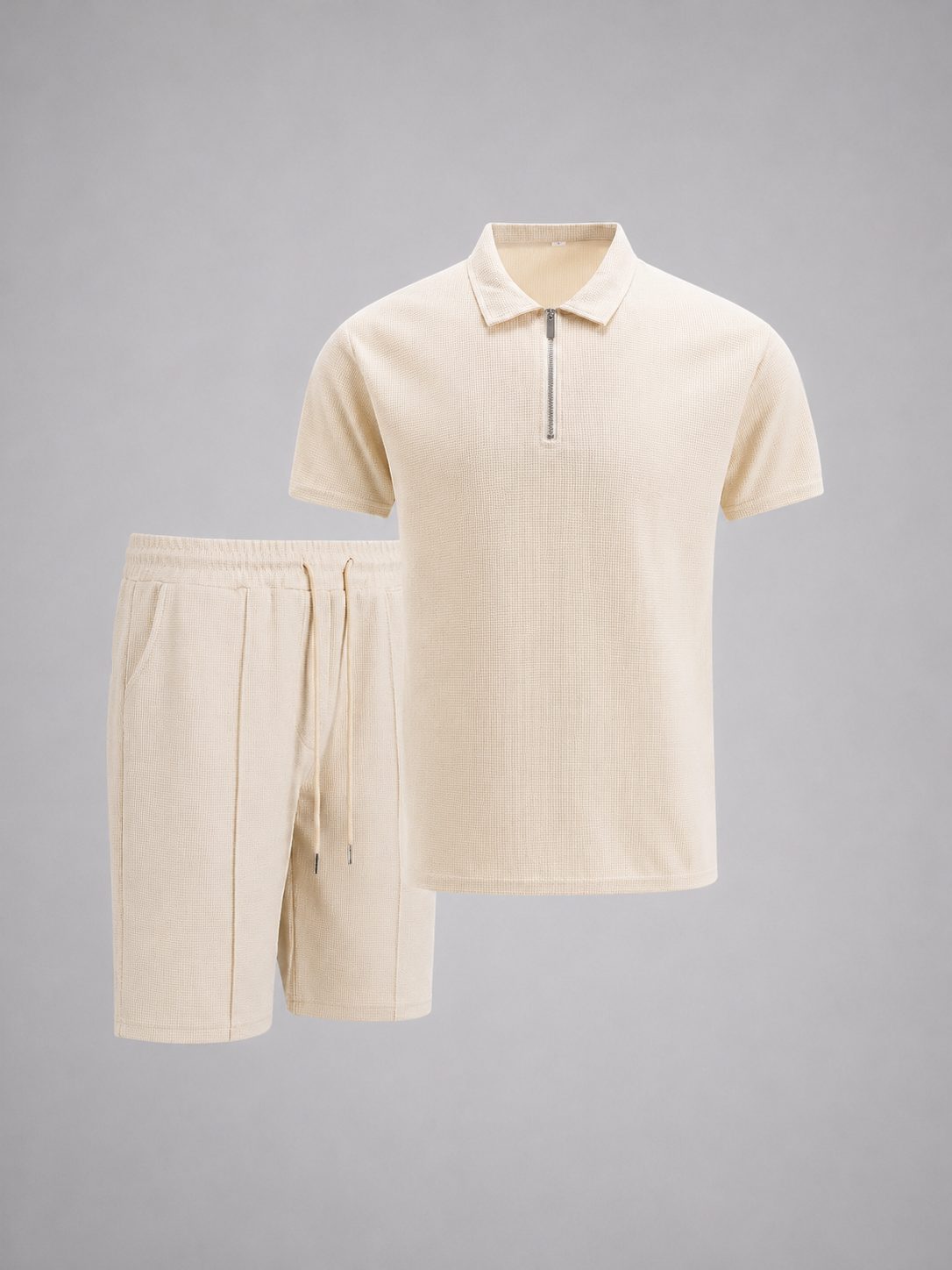 Ribbed Knit Zip Polo Shorts Set for Men - View 5