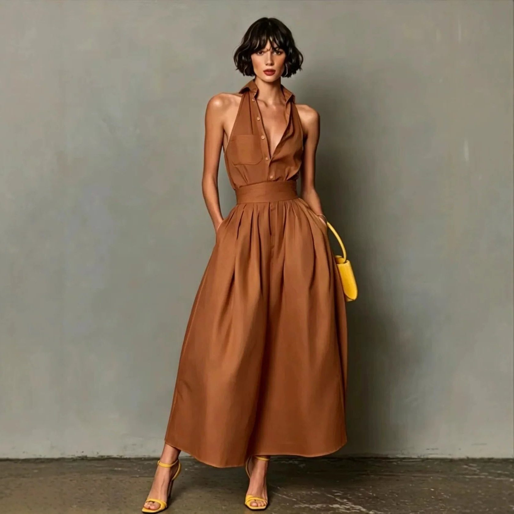 Halterneck A-Line Midi Dress for Women - Brown