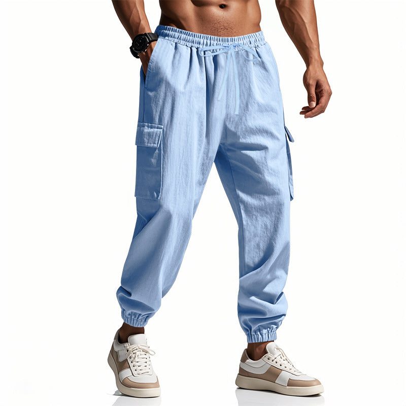 Linen Cargo Joggers with Tapered Ankle for Men - Light Blue