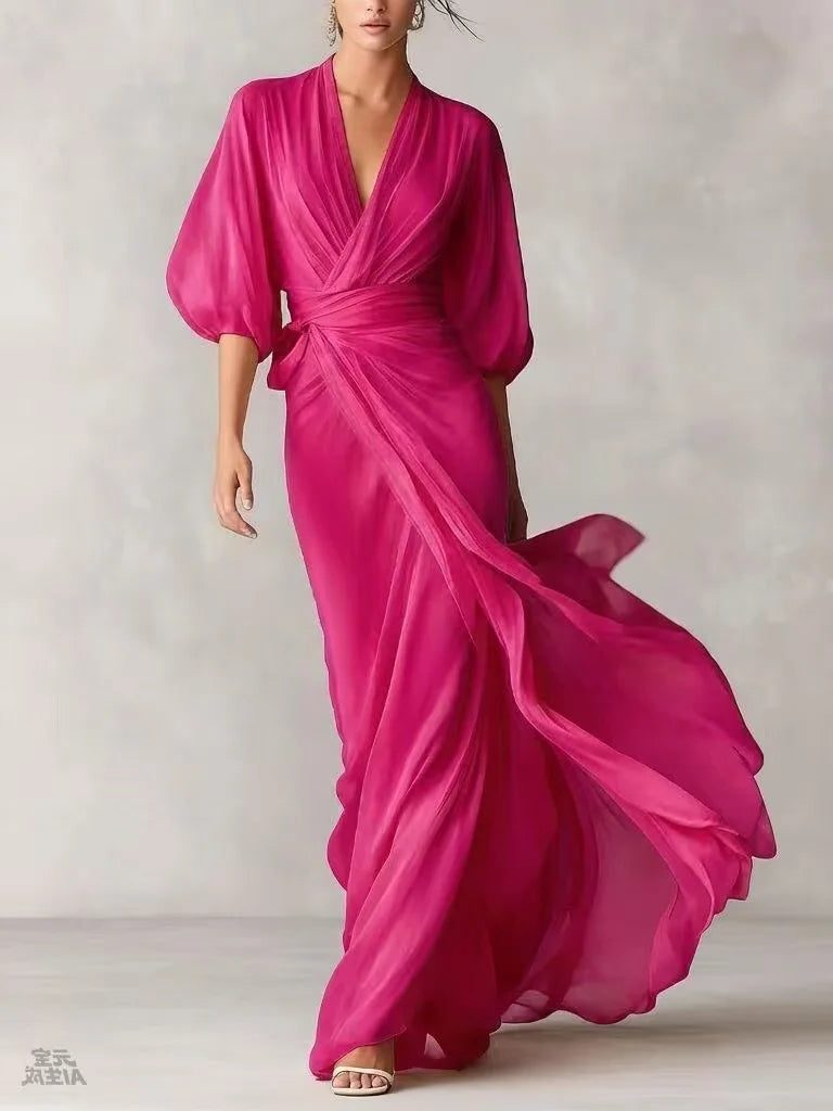 V-Neck Chiffon Maxi Wrap Dress for Women - Rose Red