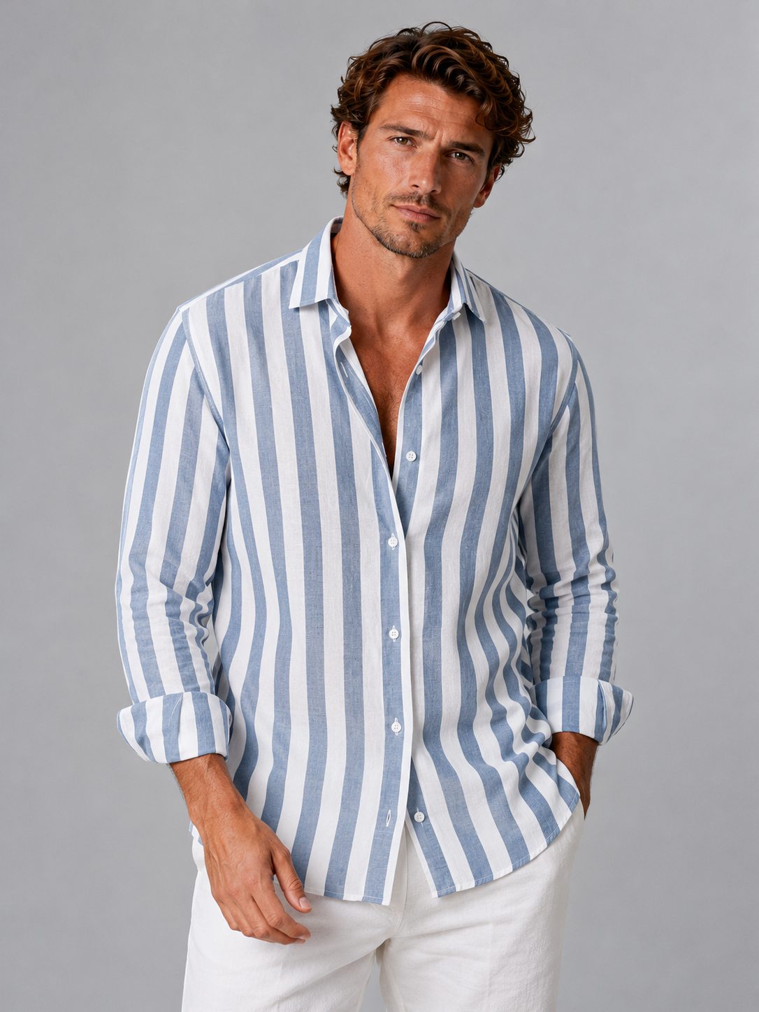 Striped Linen Look Button-Down Shirt for Men - Light Blue