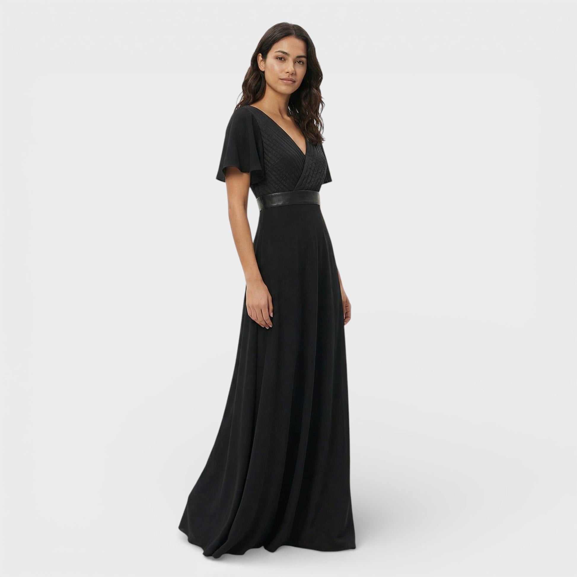 V-Neck Pleated Wedding Guest Maxi Dress for Women - Black
