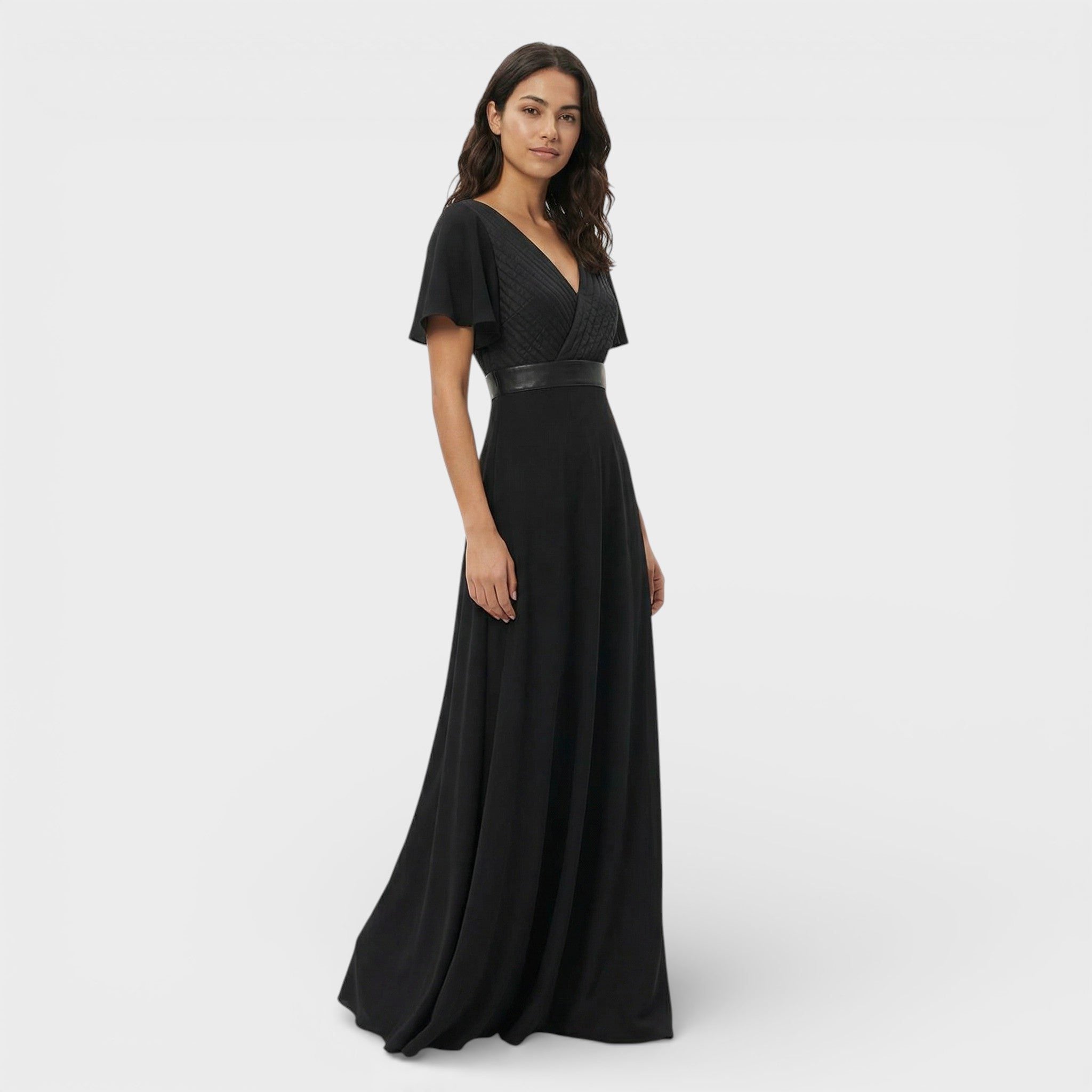 V-Neck Pleated Wedding Guest Maxi Dress for Women - Black