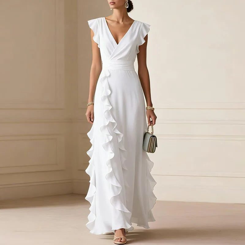 V-Neck Ruffle Trim Maxi Dress for Women - White