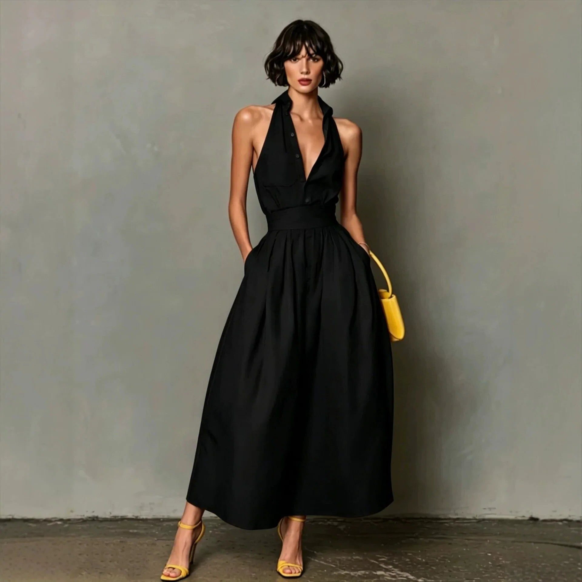 Halterneck A-Line Midi Dress for Women - Black