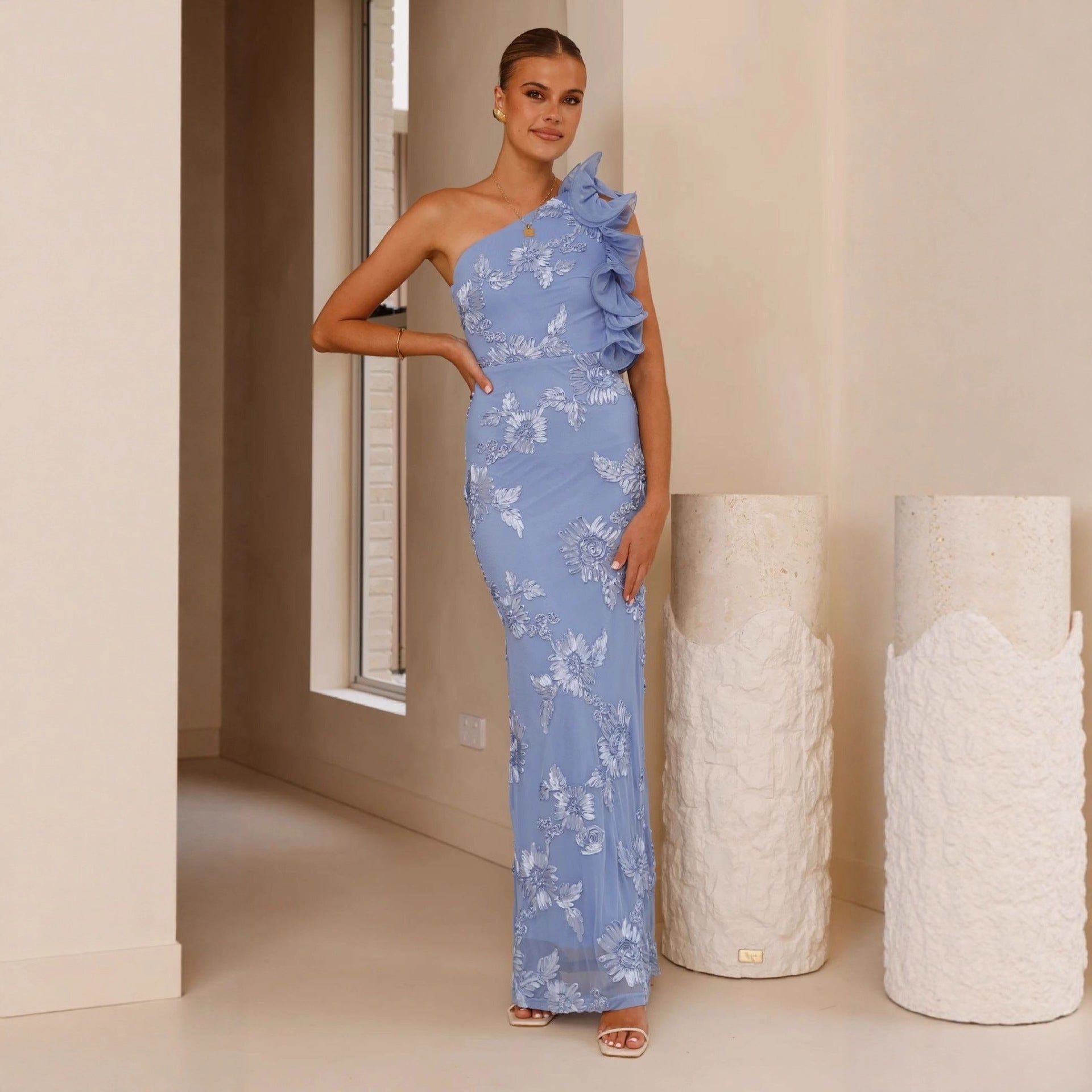 Asymmetrical One-Shoulder Wedding Guest Maxi Dress for Women - Blue
