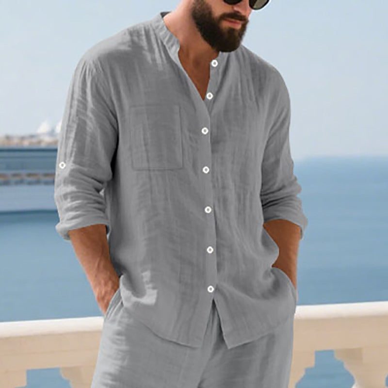 Linen Button-Down Shirt with Chest Pockets for Men - Dark Grey