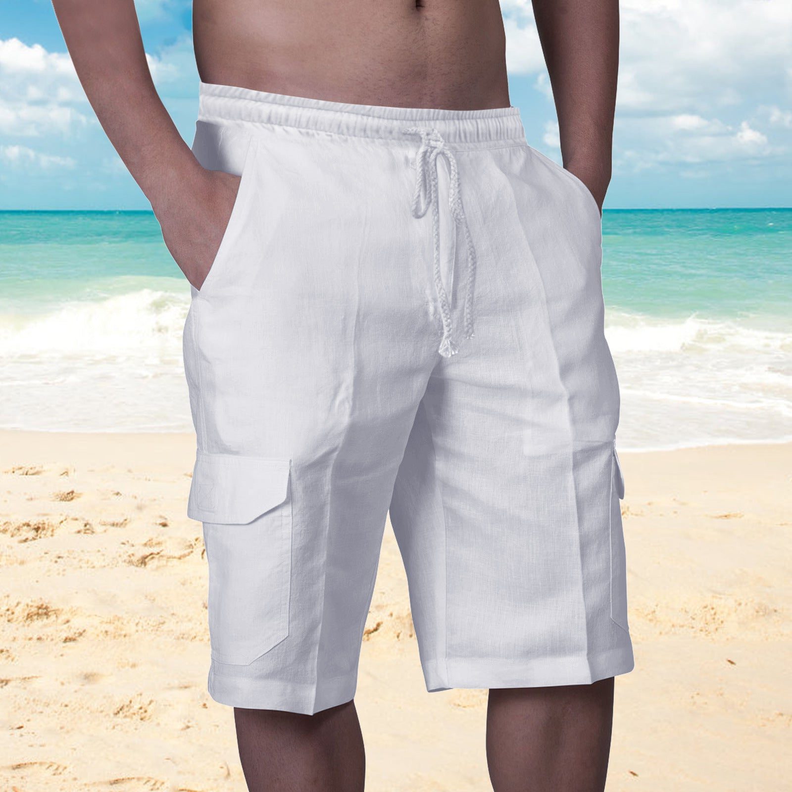Linen Cargo Shorts with Welt Pockets for Men - White