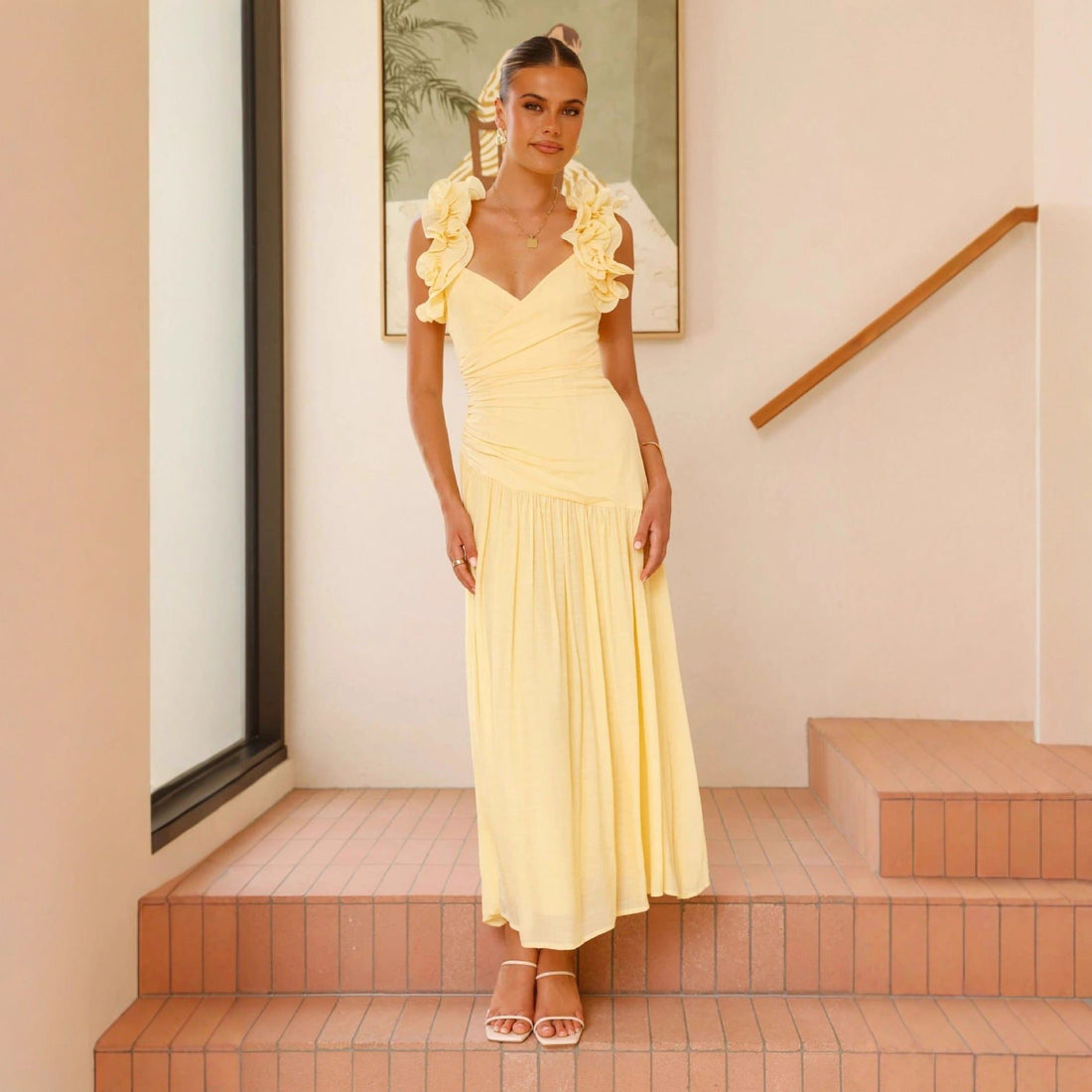 Ruffle V-Neck Floral Maxi Dress Wedding Guest for Women - View 2