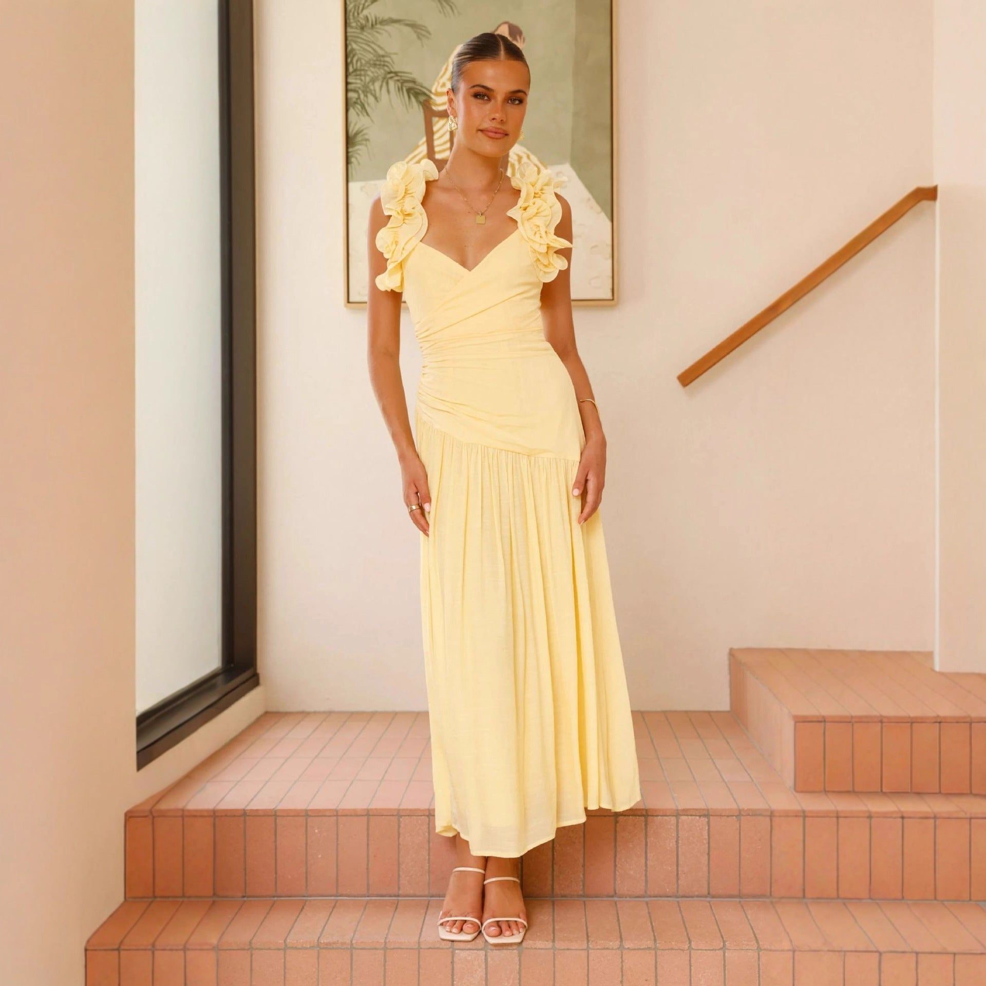 Ruffle V-Neck Floral Maxi Dress Wedding Guest for Women - View 3